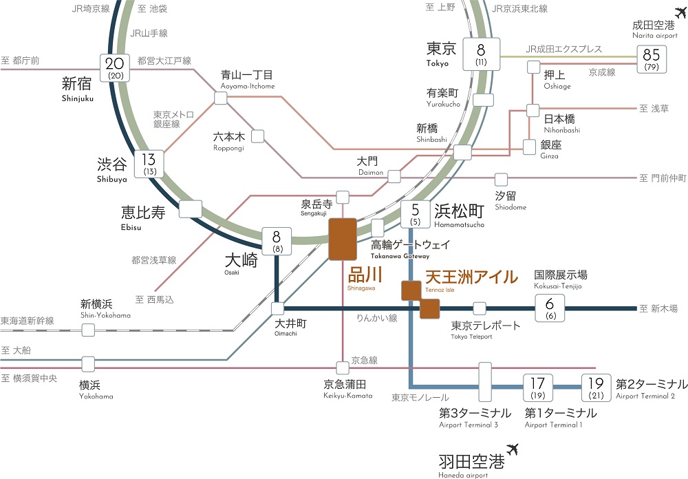 東京駅へ8分、渋谷駅へ13分、羽田空港第1ターミナルへ17分。