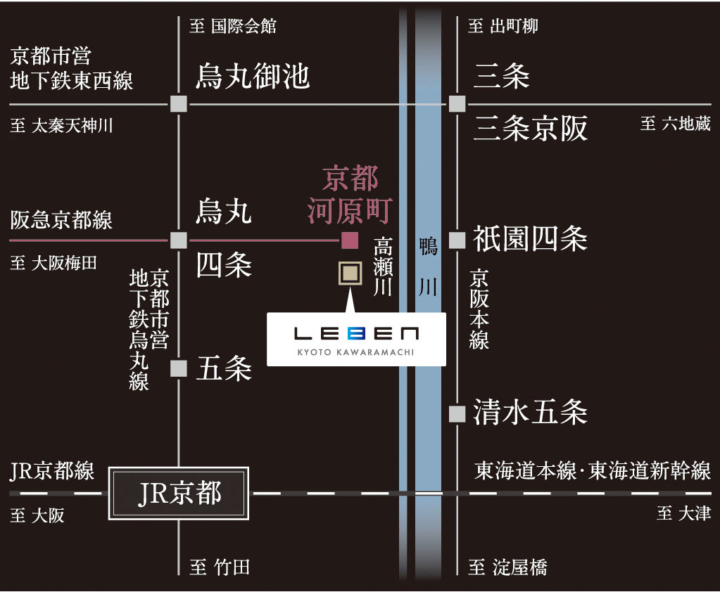 阪急京都線、京都市営地下鉄烏丸線、京阪本線の4駅3路線利用可能。
