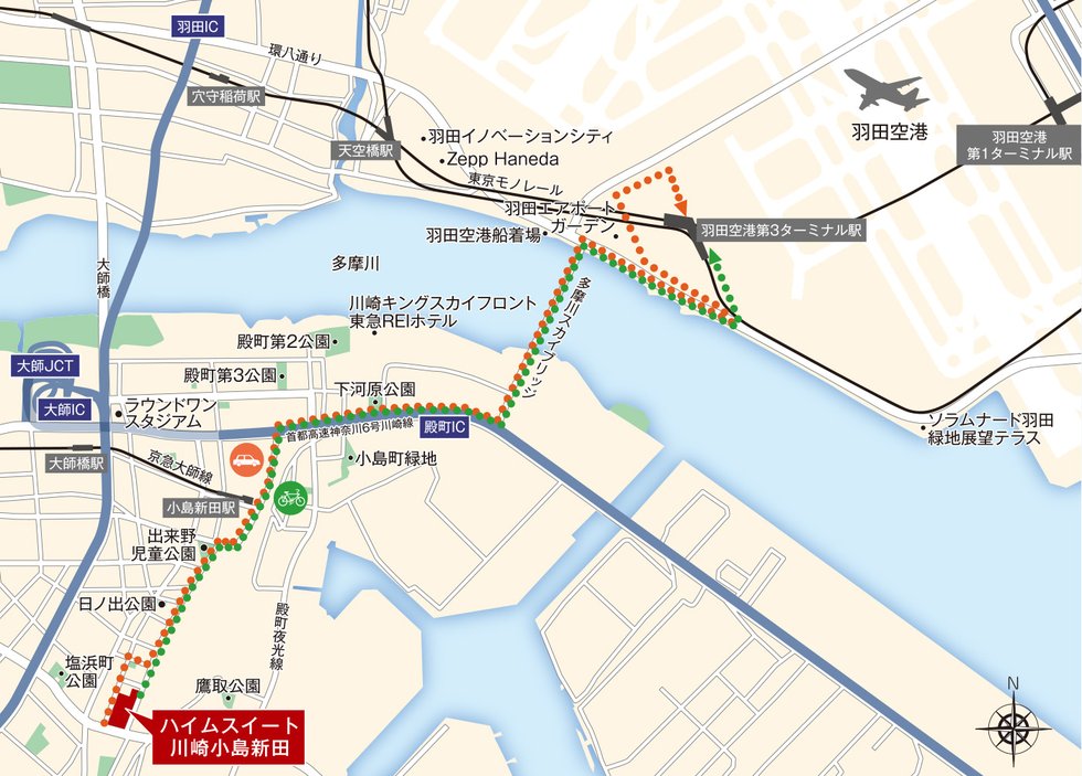 自転車or自動車使用でよりスピーディに羽田空港へ。
