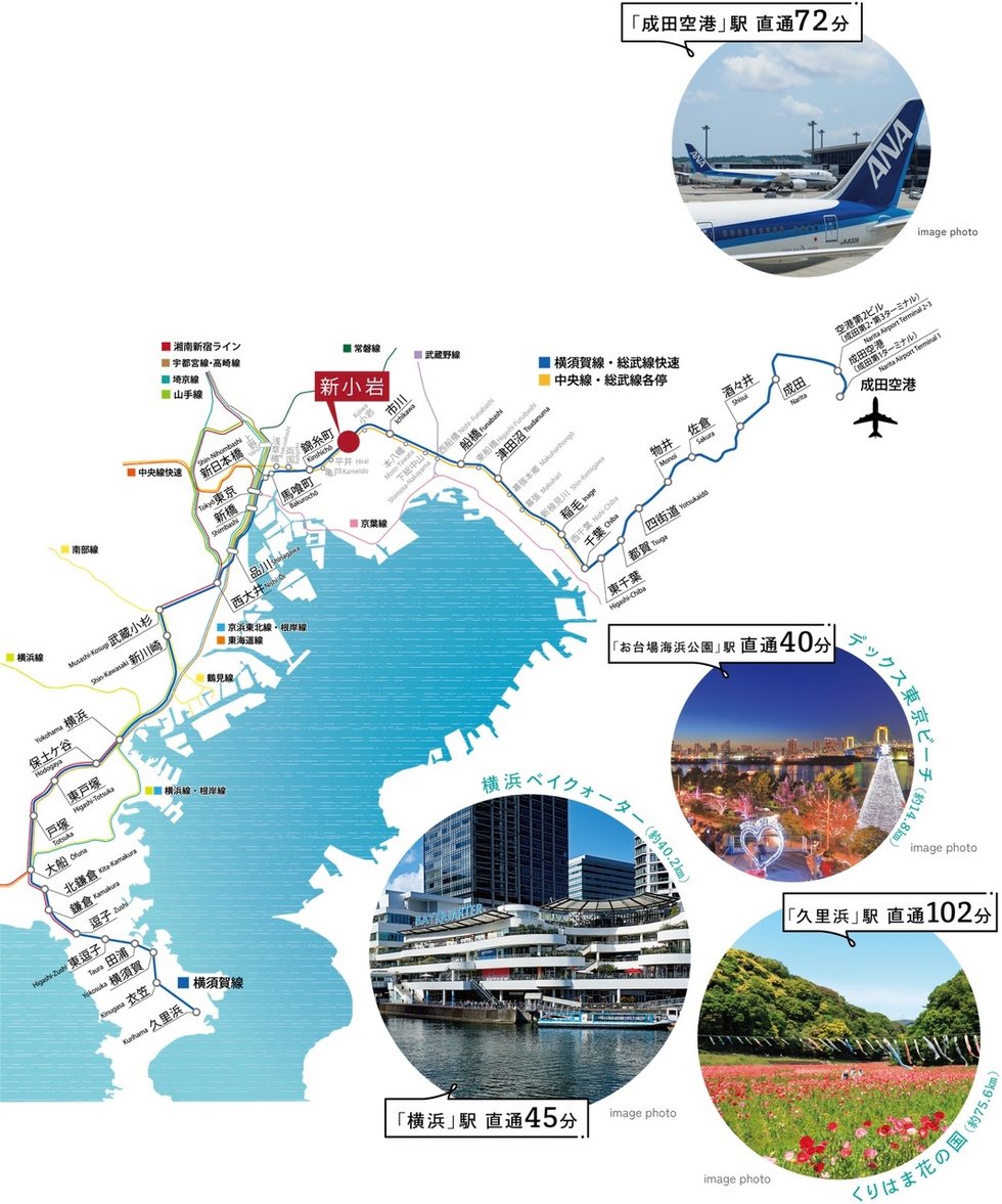 総武線快速で成田空港や湘南方面などレジャーや旅行も便利。