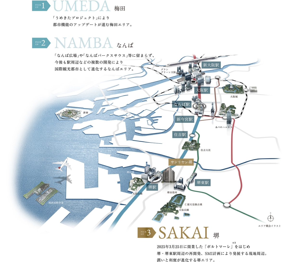 徒歩9分の「堺」駅から「なんば」駅へ直通11分。