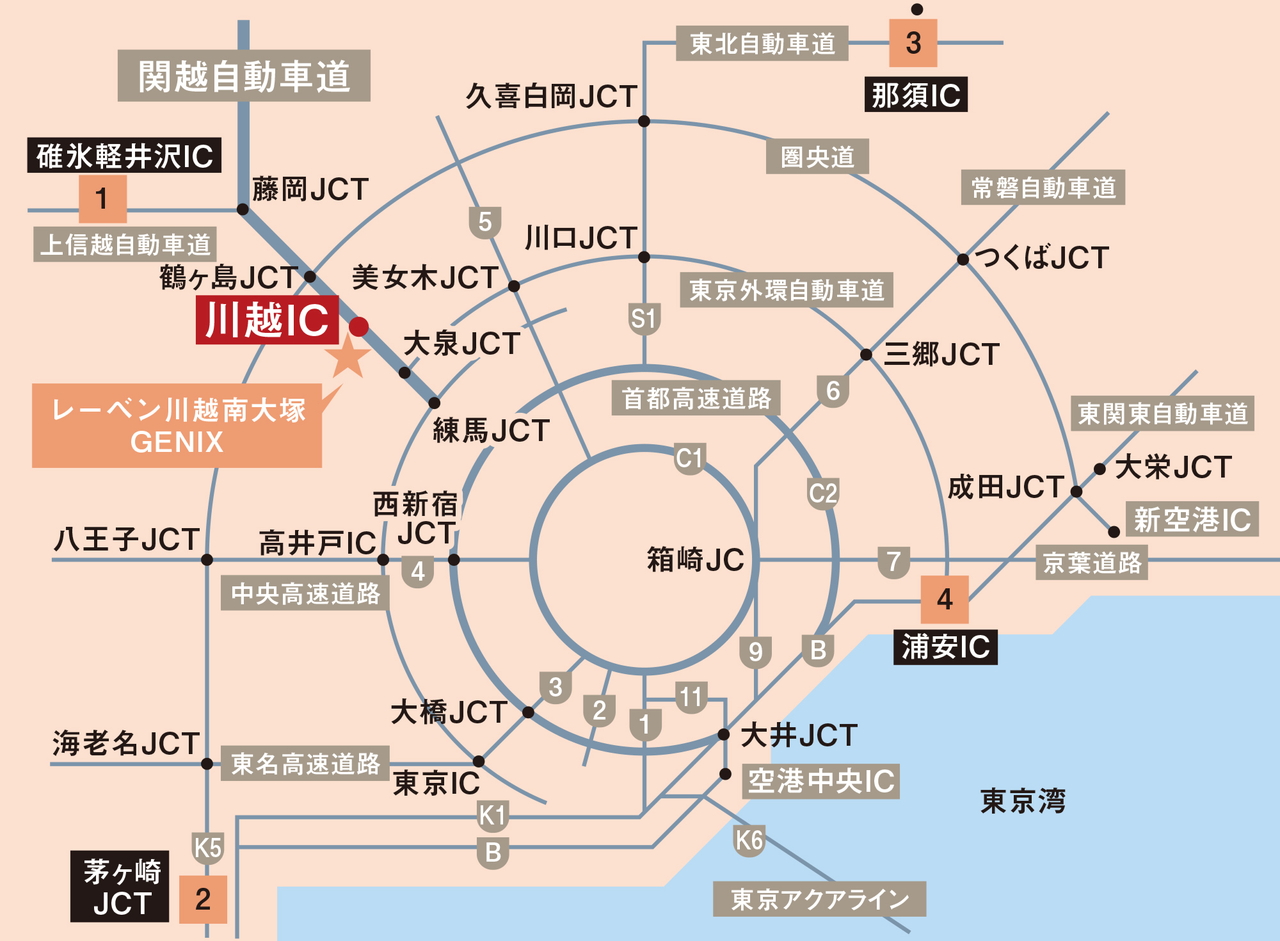 クルマでわずか約4分の関越自動車道「川越IC」から高速道路を利用すれば、行動範囲はさらに広く。