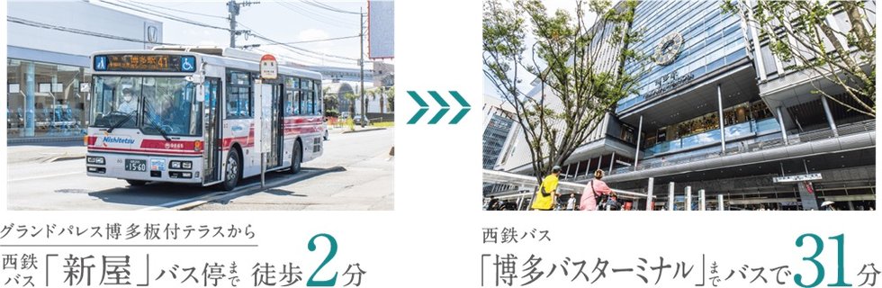 最寄りのバス停から都心「博多」駅まで直結。
