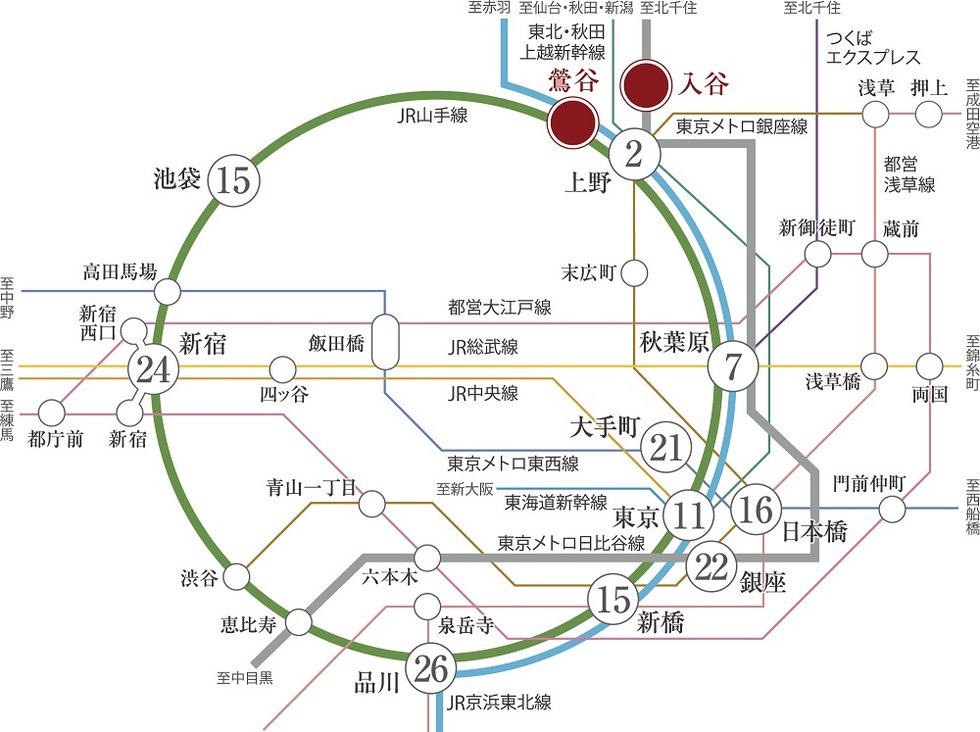 山手線、京浜東北線、日比谷線利用
