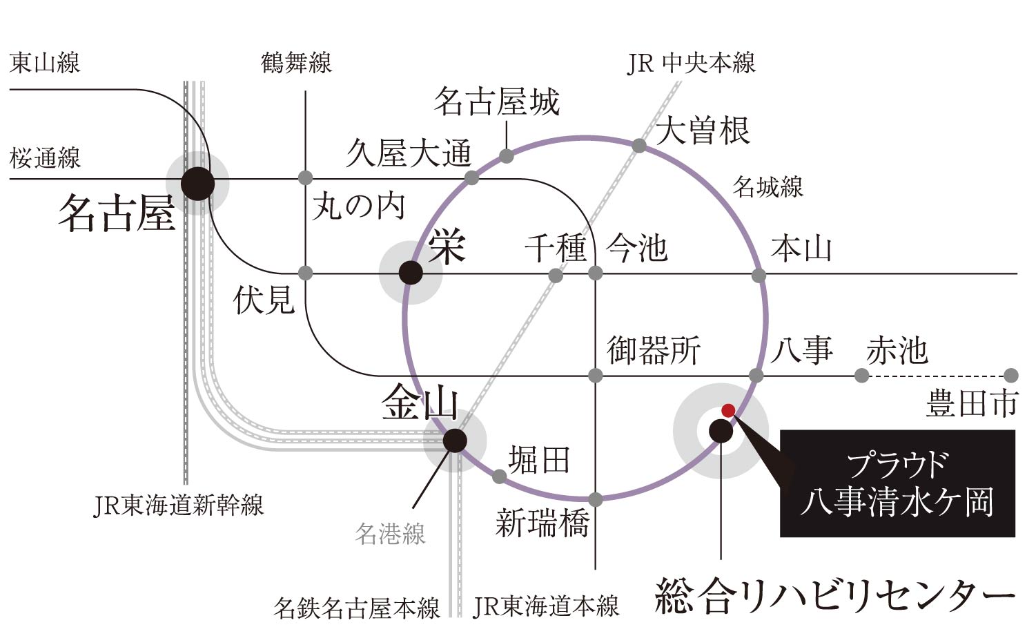 「栄」「金山」をはじめ、主要駅へダイレクトに繋がる。