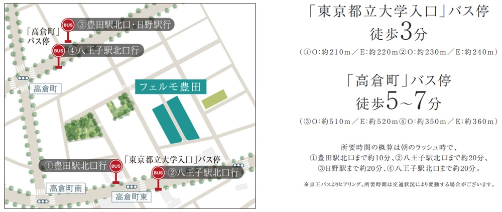 徒歩3分のバス停から、「豊田」駅、「八王子」駅へアクセス。