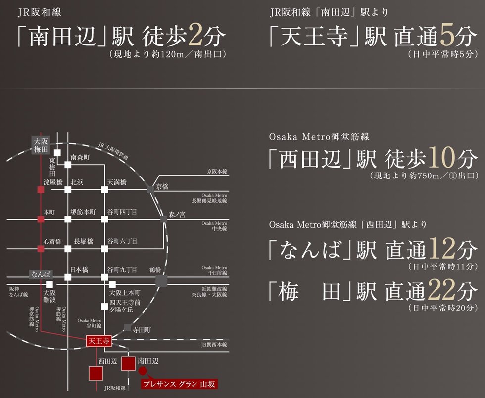 JR阪和線、Osaka Metro 御堂筋線が利用可能。
大阪都心へマルチアクセス。