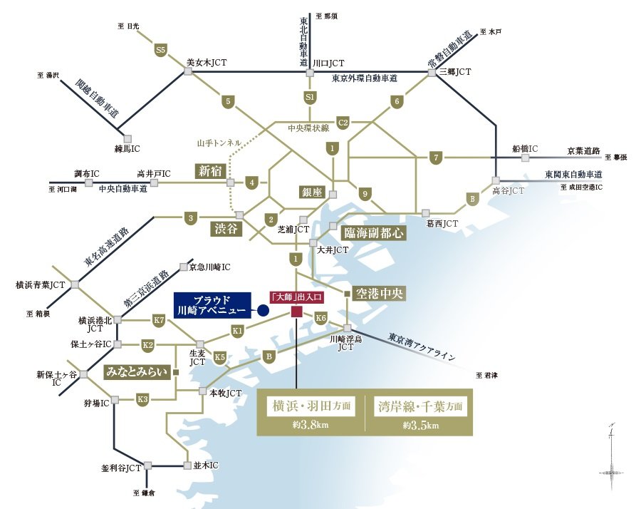 第一京浜や府中街道、大師ICも使いやすいカーアクセス。