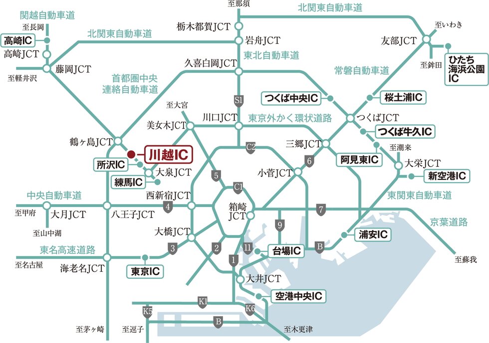 マイカーでスムーズな関越自動車道「川越」IC(約2.6km)へ。