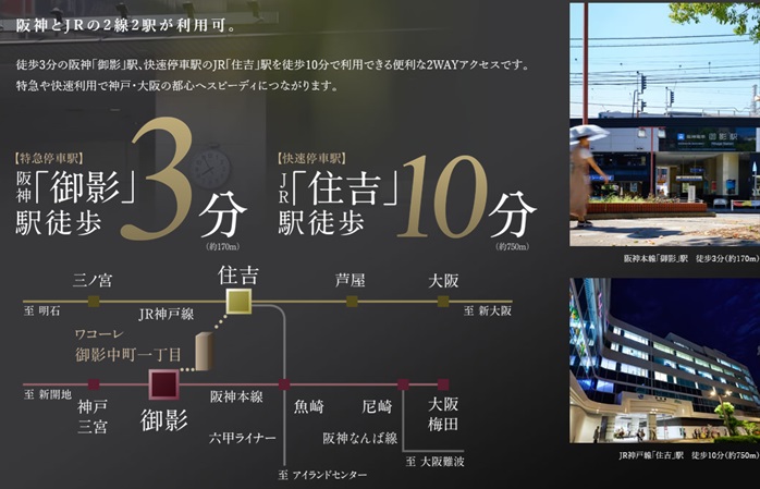 阪神とJRの2線2駅が利用可。