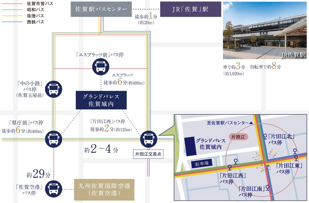 バス便が集中する交通の要所「片田江交差点」近接。