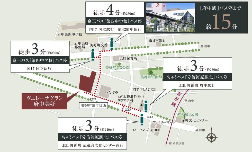 京王バス、府中市コミュニティバス「ちゅうバス」も気軽に利用可能。