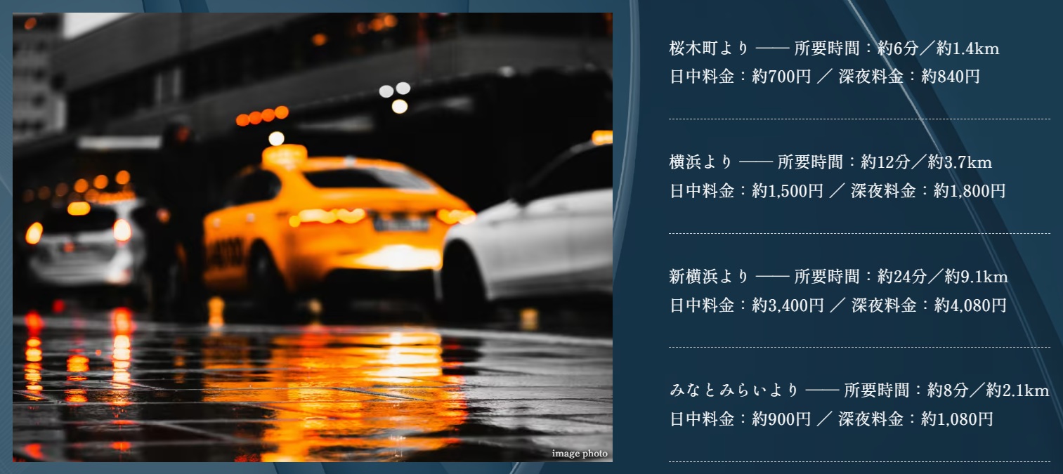 横浜エリアからのタクシーアクセスも快適。
日中はもちろん、深夜の帰宅時にもスムーズな移動が可能。