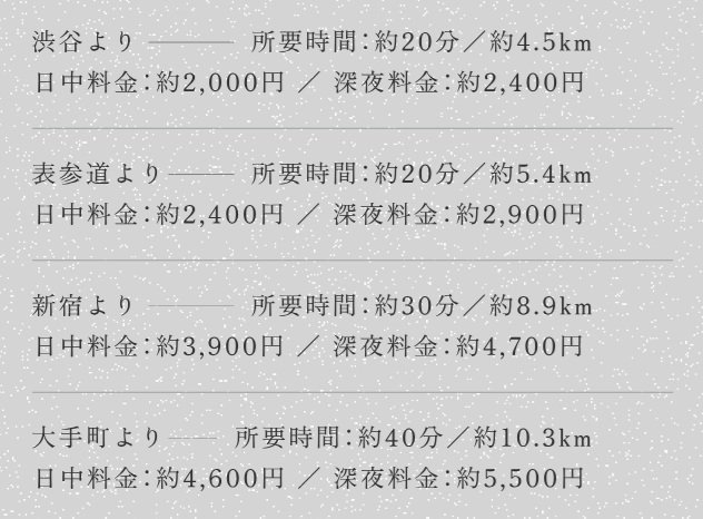 渋谷・表参道・新宿など、都心主要エリアからのタクシーアクセスも快適。