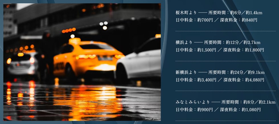 横浜エリアからのタクシーアクセスも快適。
日中はもちろん、深夜の帰宅時にもスムーズな移動が可能。