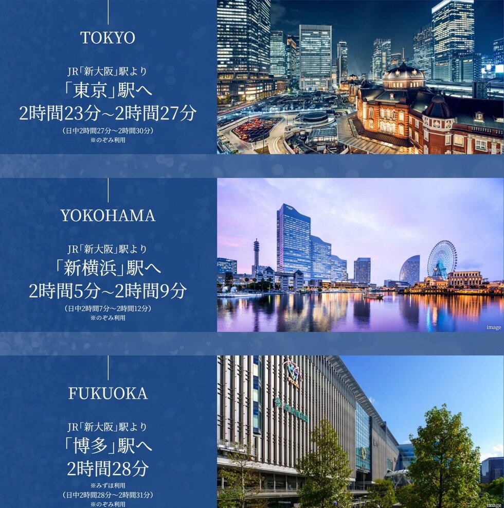 新幹線利用で全国主要都市へ快適アクセス。