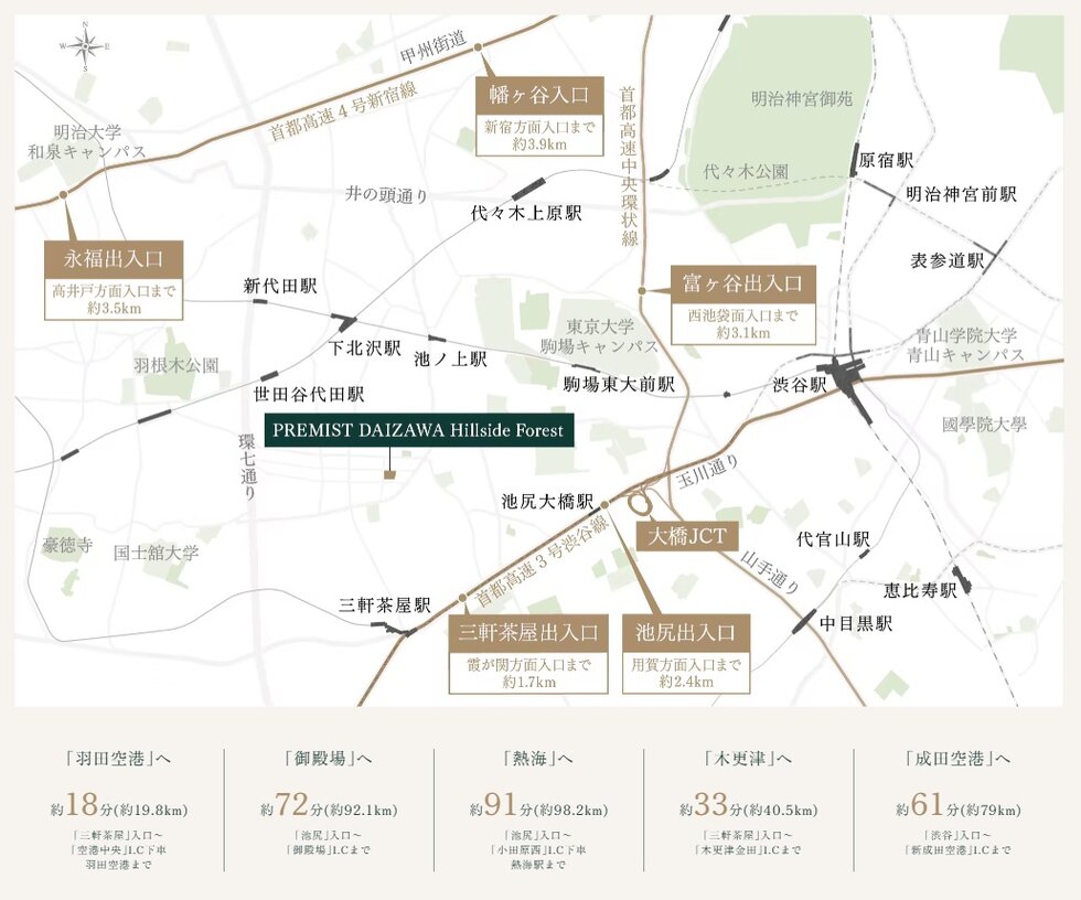 首都高速3号線、4号線、中央環状線。
お車でのアクセスも自在に。