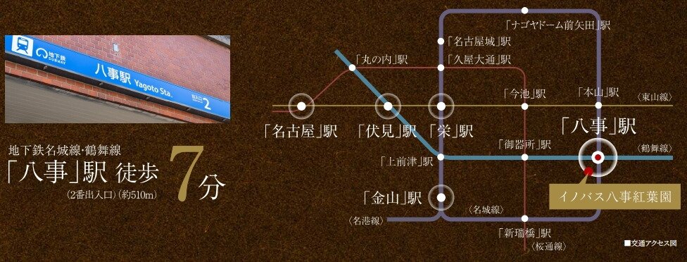 「八事」駅徒歩7分。地下鉄2路線のアクセシビリティ。