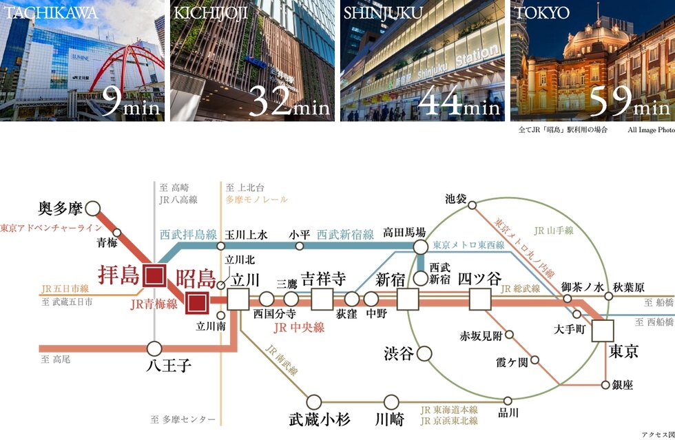 JR「昭島」駅徒歩12分、3駅4路線利用可能
JR中央線直通と西武線の都心直結ダブルアクセス