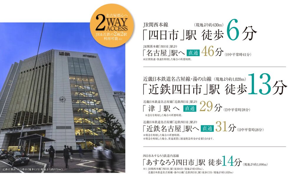 JRと近鉄の２路線を使いこなせ、名古屋へのアクセスもダイレクトに。