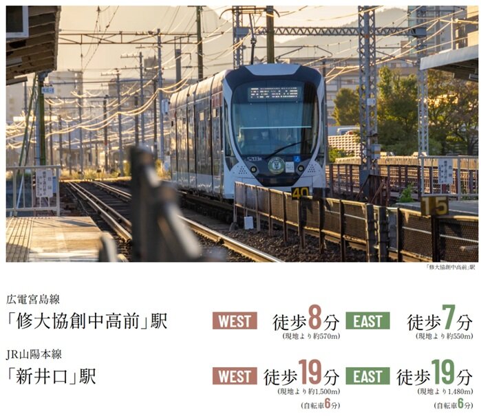 広電「修大協創中高前」駅が徒歩圏。
広島駅や紙屋町・八丁堀へも快適にアクセス可能。