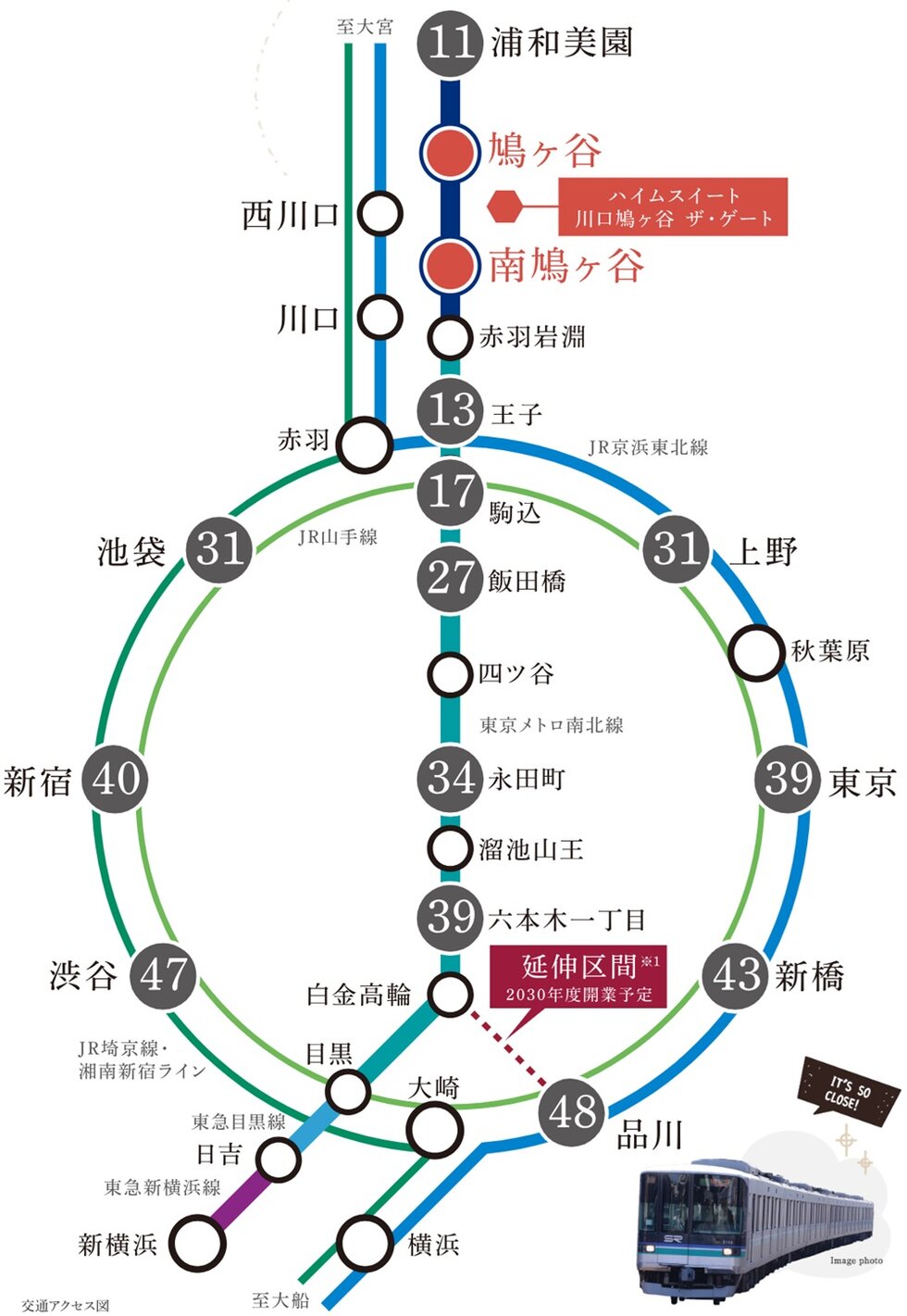 「鳩ヶ谷」駅・「南鳩ヶ谷」駅の2駅が利用可。
都心や新横浜へダイレクトにアクセス。