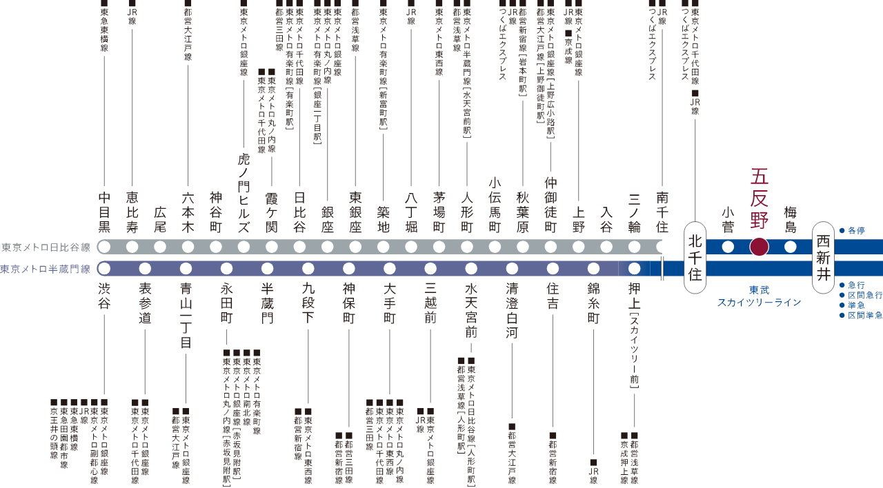 都心を身近にする、日比谷線直通と半蔵門線を活かした軽快なアクセス