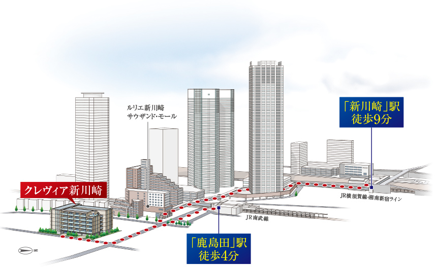 2駅3路線で、利便性の高い暮らしを楽しむ「新川崎」駅へ徒歩9分、「鹿島田」駅へ徒歩4分のポジション。