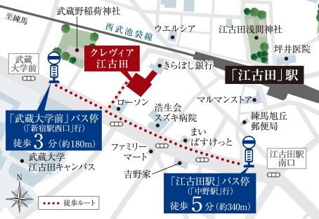 「中野」駅方面へも、
「目白」駅方面へもバスで便利に。