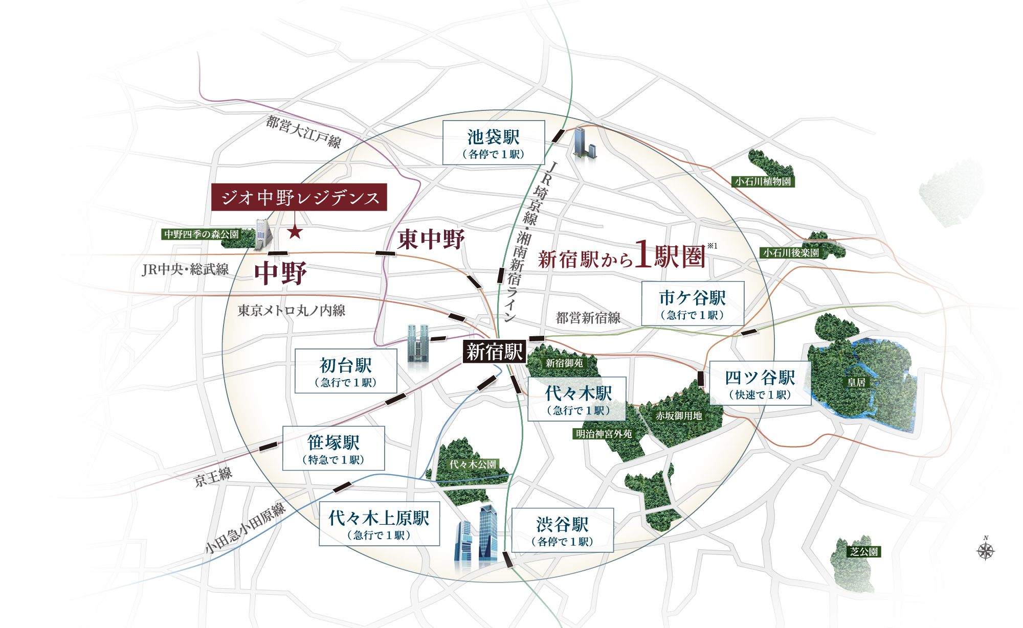 総武線・東西線始発。
「新宿」へ1駅4分・「大手町」へ直通20分※１。