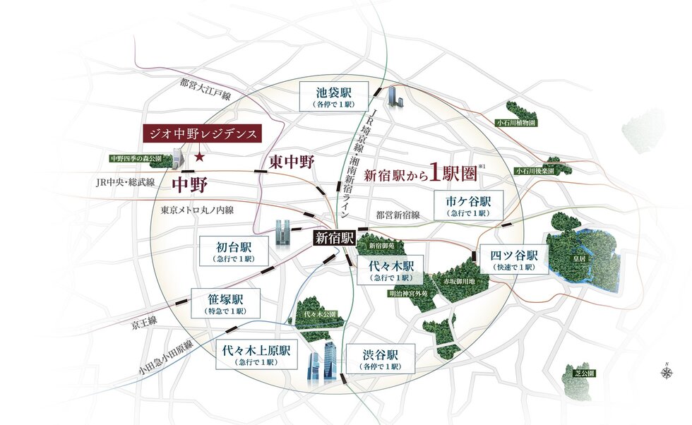 総武線・東西線始発。
「新宿」へ1駅4分・「大手町」へ直通20分※１。