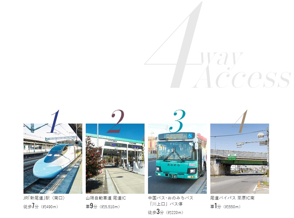 山陽自動車道、尾道バイパスなどの幹線道路、JR「新尾道」駅へアクセス軽快。