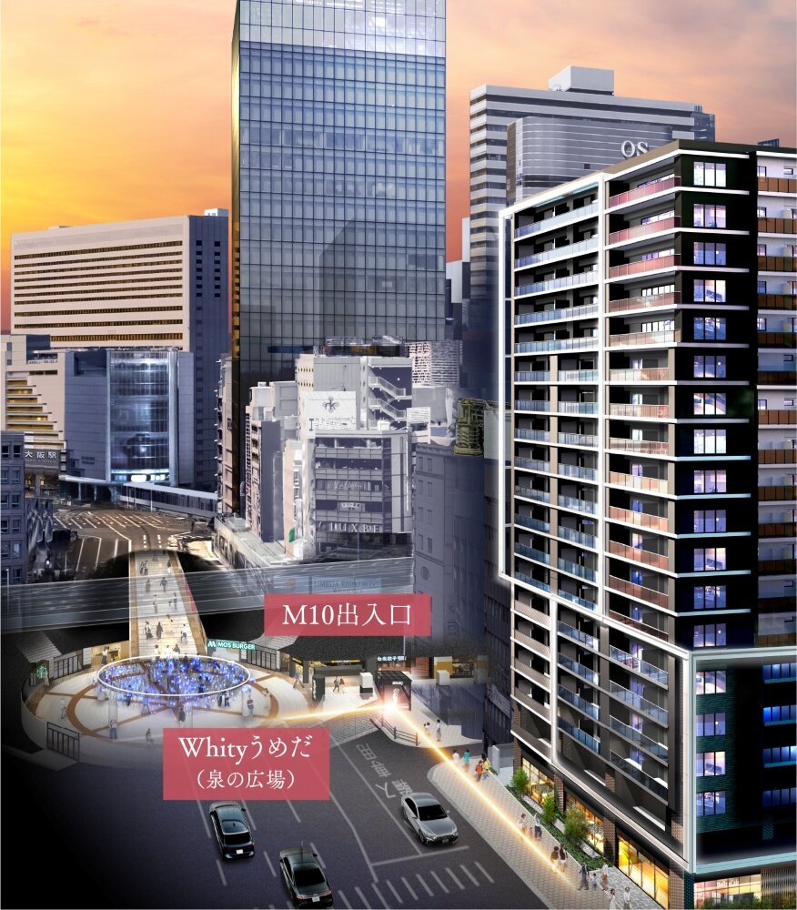 外観完成予想図・Whityうめだへの動線