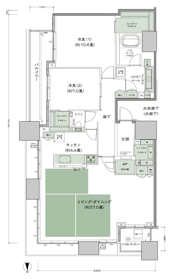 シティタワー大阪本町 間取り NE-120TD-LD拡大プランtype