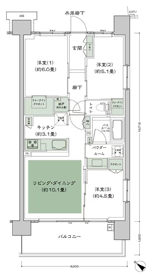 シティテラス稲毛海岸 間取り C-C'6-標準 type