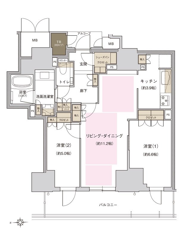 ジオタワー新町 間取り H type（メニュープラン3）34階