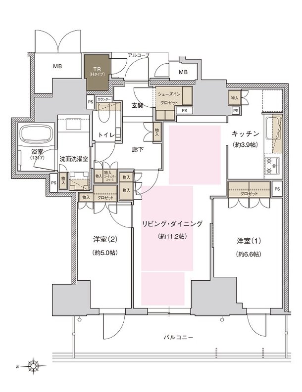ジオタワー新町 間取り H type（メニュープラン3）34階