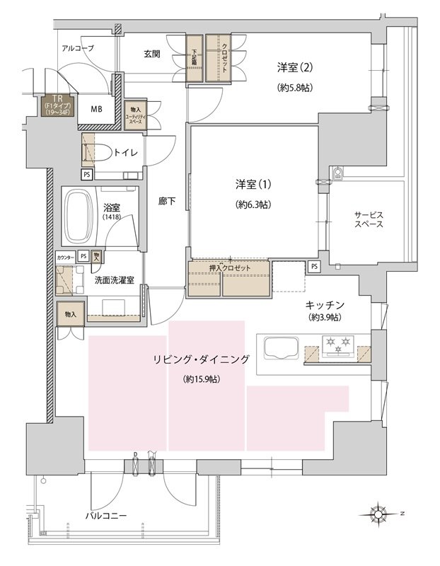 ジオタワー新町 間取り F1 type（メニュープラン1）34階
