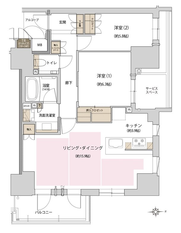 ジオタワー新町 間取り F1 type（メニュープラン1）34階