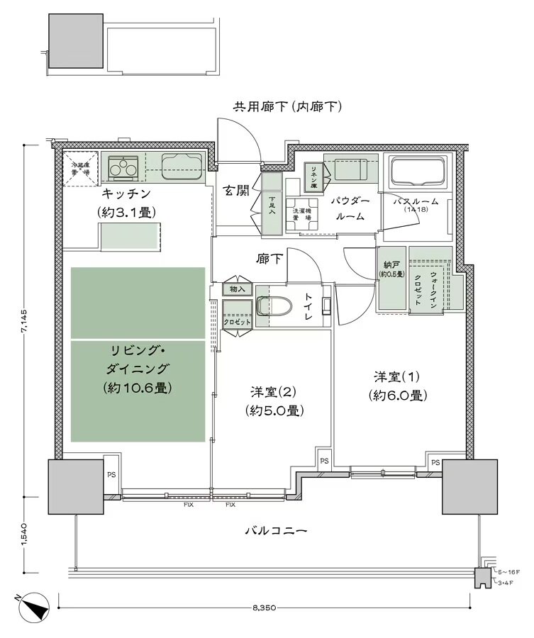 ベイシティタワーズ神戸 EAST 間取り E-55A-2(EB) type