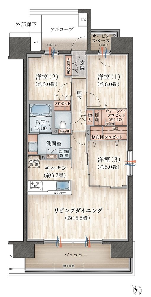 デュオヒルズ八戸ザ・マークス 間取り Eタイプ(先着順)