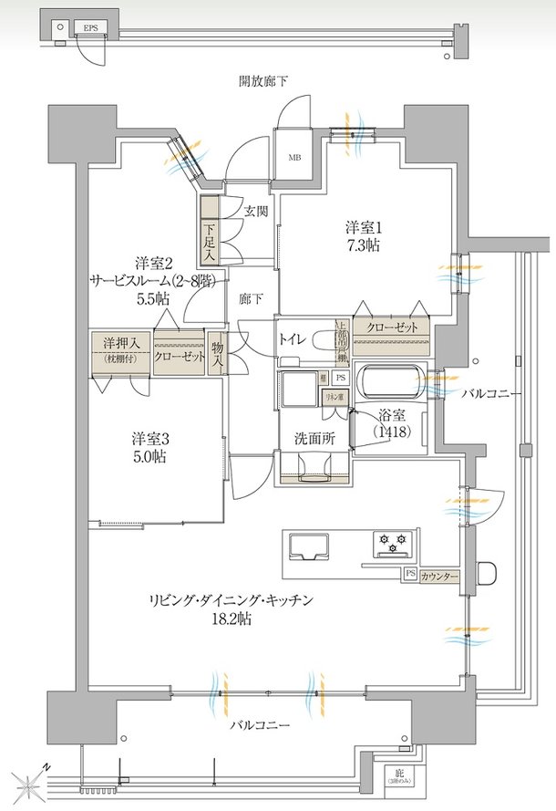 サンズガラリエ倉敷駅西 間取り E TYPE