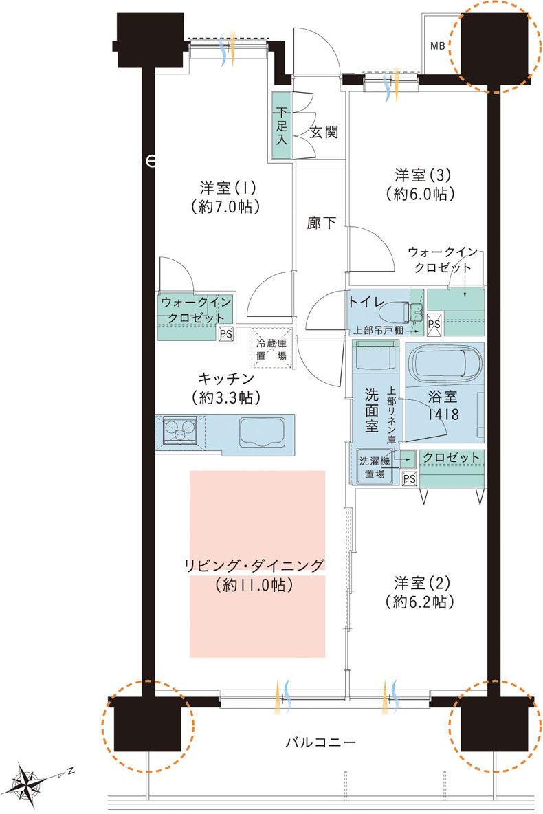 レーベン・グランデ美田園ONE FLAG 間取り F type