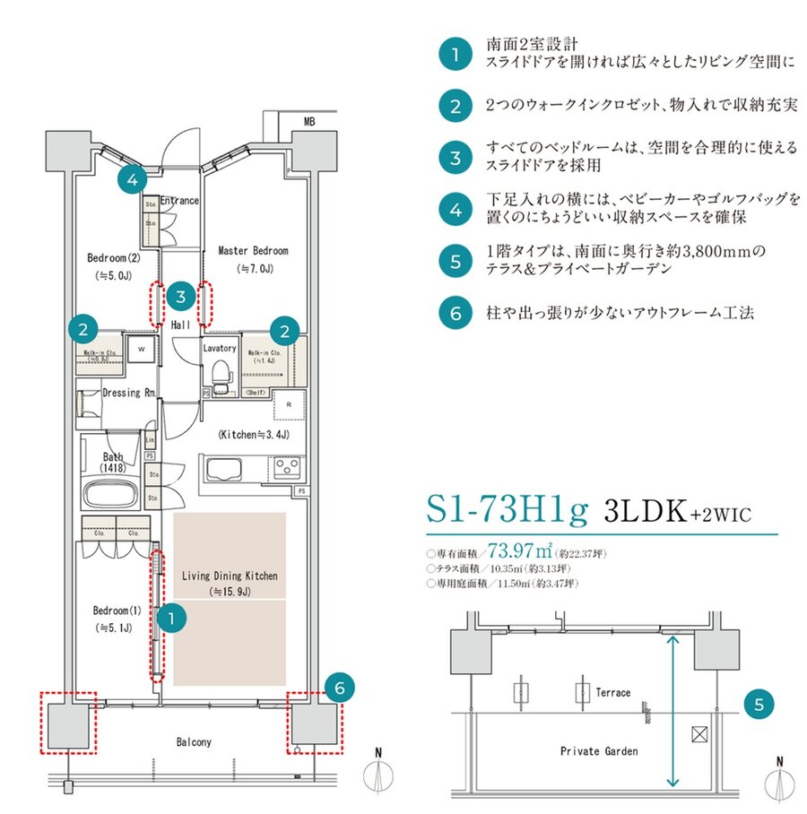パークホームズLaLa名古屋みなとアクルス シーズンズ 間取り S1-73H1/S1-73H1gタイプ