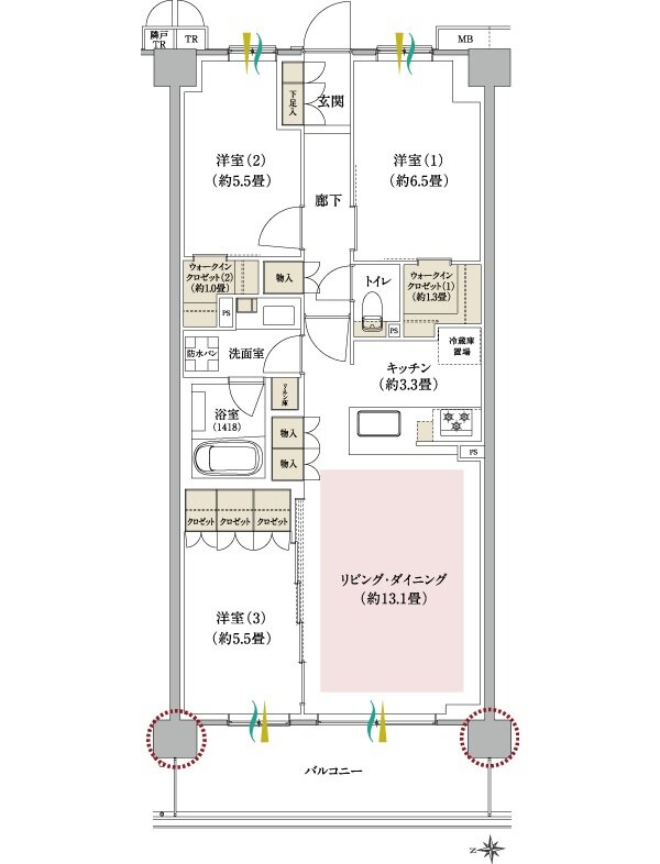 ブランシエラ武蔵中原 間取り D3タイプ（2～5階）