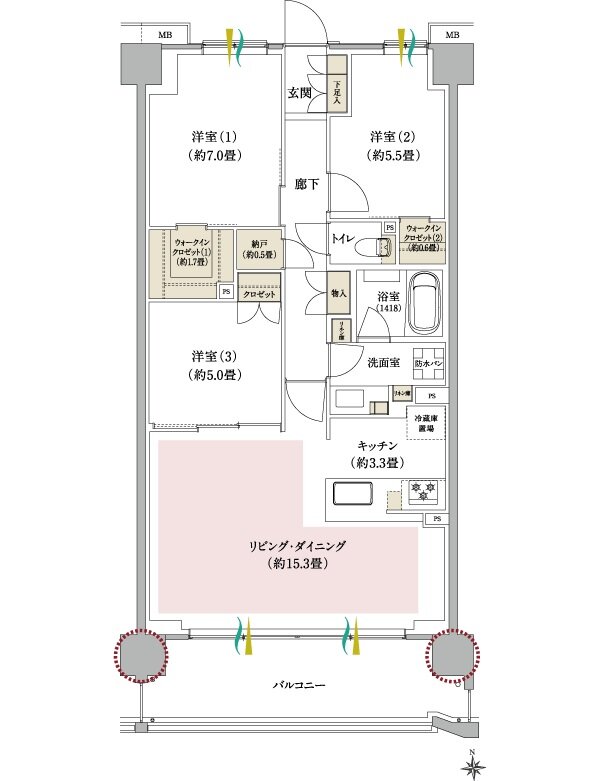 ブランシエラ武蔵中原 間取り Kタイプ(2〜5階)