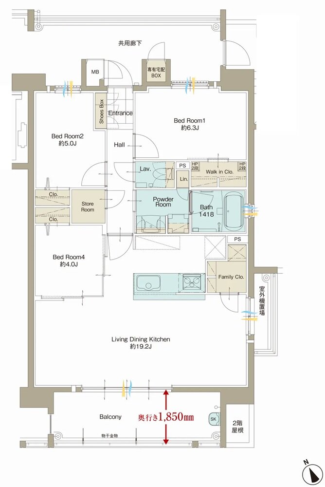 サンパーク新宮EXIA West-I/West-II/East 間取り H1・Hタイプ(West-II)