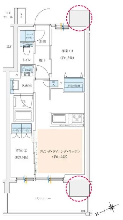 イニシア千住大橋ステーションフロント（Active wing／Bright wing） 間取り A-B［Active wing］