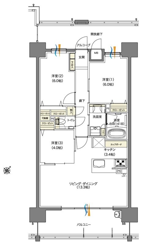パークヒルズ高須グランコート 間取り B1・Bタイプ