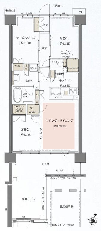 リビオシティ船橋北習志野ミッドレジデンス 間取り N70Ctタイプ